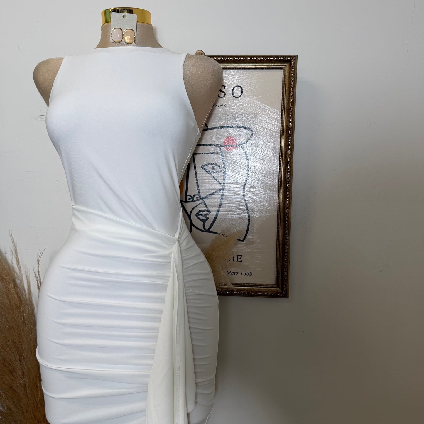 Sleeveless Mock Neck Ruffle Midi Dress-Ivory
