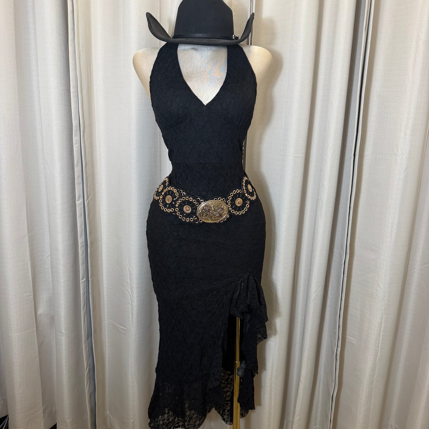 Halter Lace Midi Dress-Black
