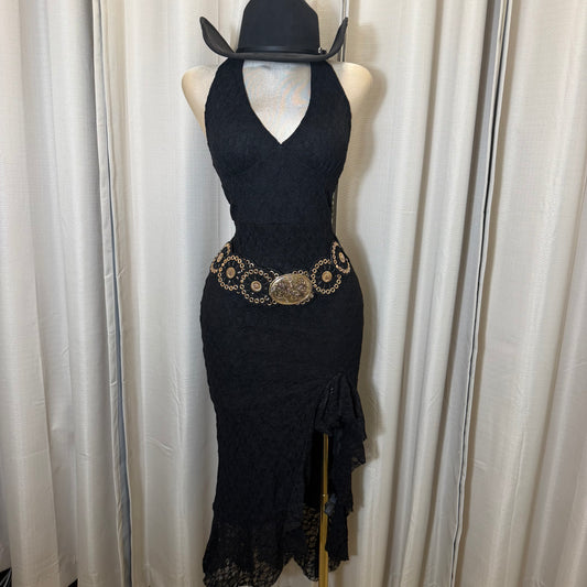 Halter Lace Midi Dress-Black