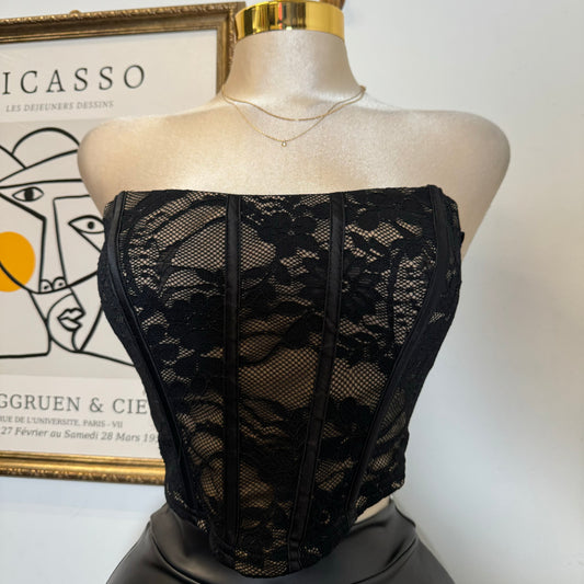 STRETCH LACE CORSET DETAIL STRAPLESS BUSTIER-Black