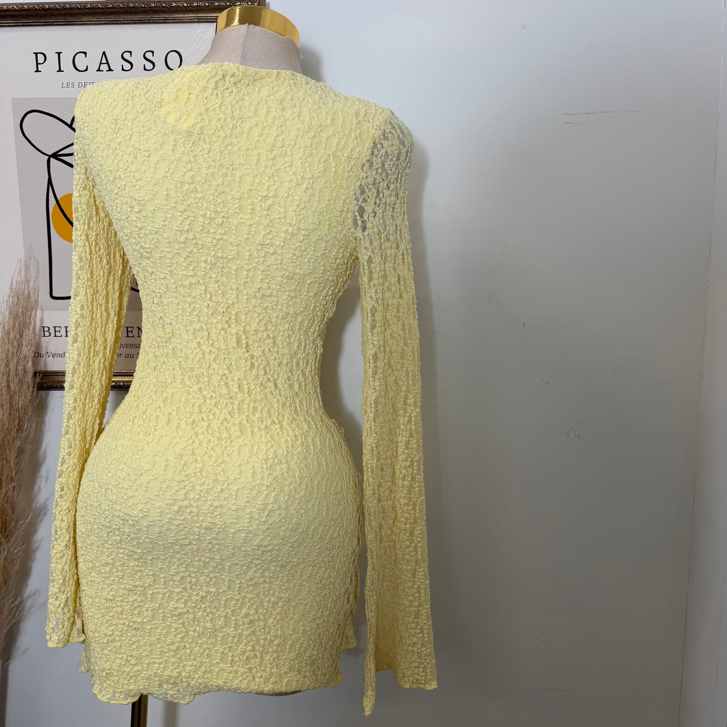 Long Sleeve Gold Detail Dress-Butter Yellow