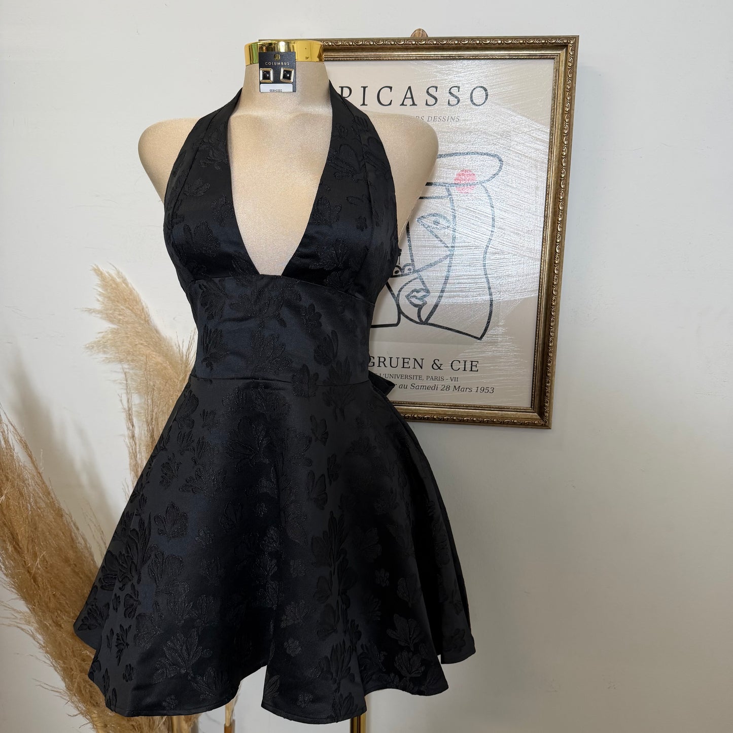 Satin Jacquard Halter neck Mini Dress-Black