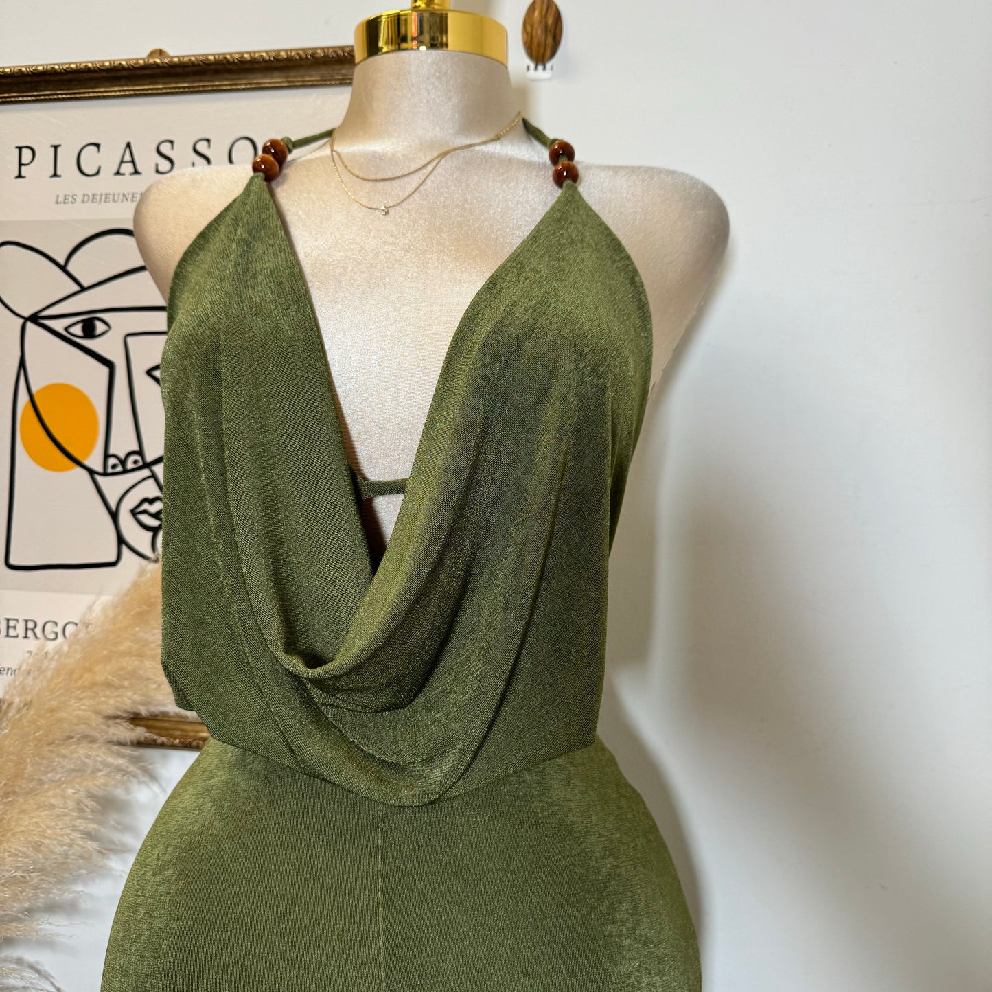 Bead Cowl Neck Halter Jumpsuit-Green