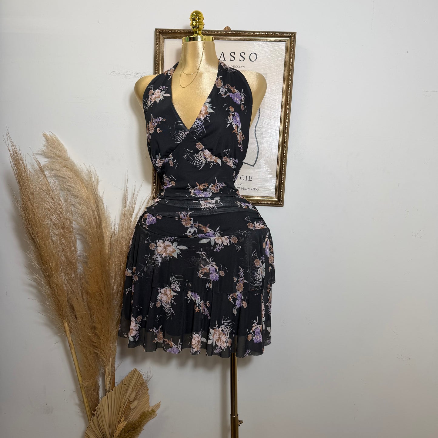 PL- Flower Halter Flare Dress-Black
