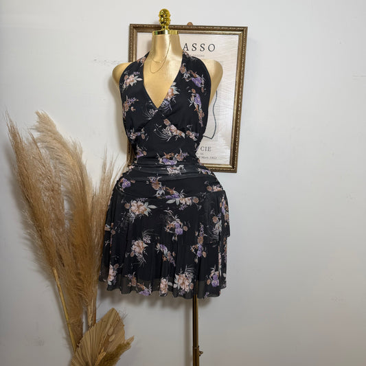 PL- Flower Halter Flare Dress-Black