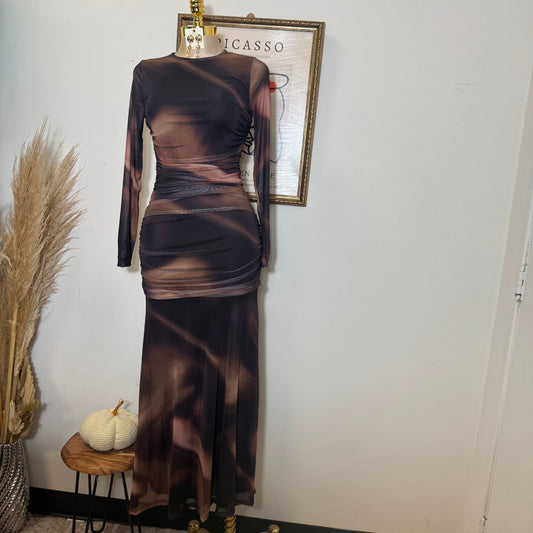 Geographic Mesh Maxi Dress-Brown Combo