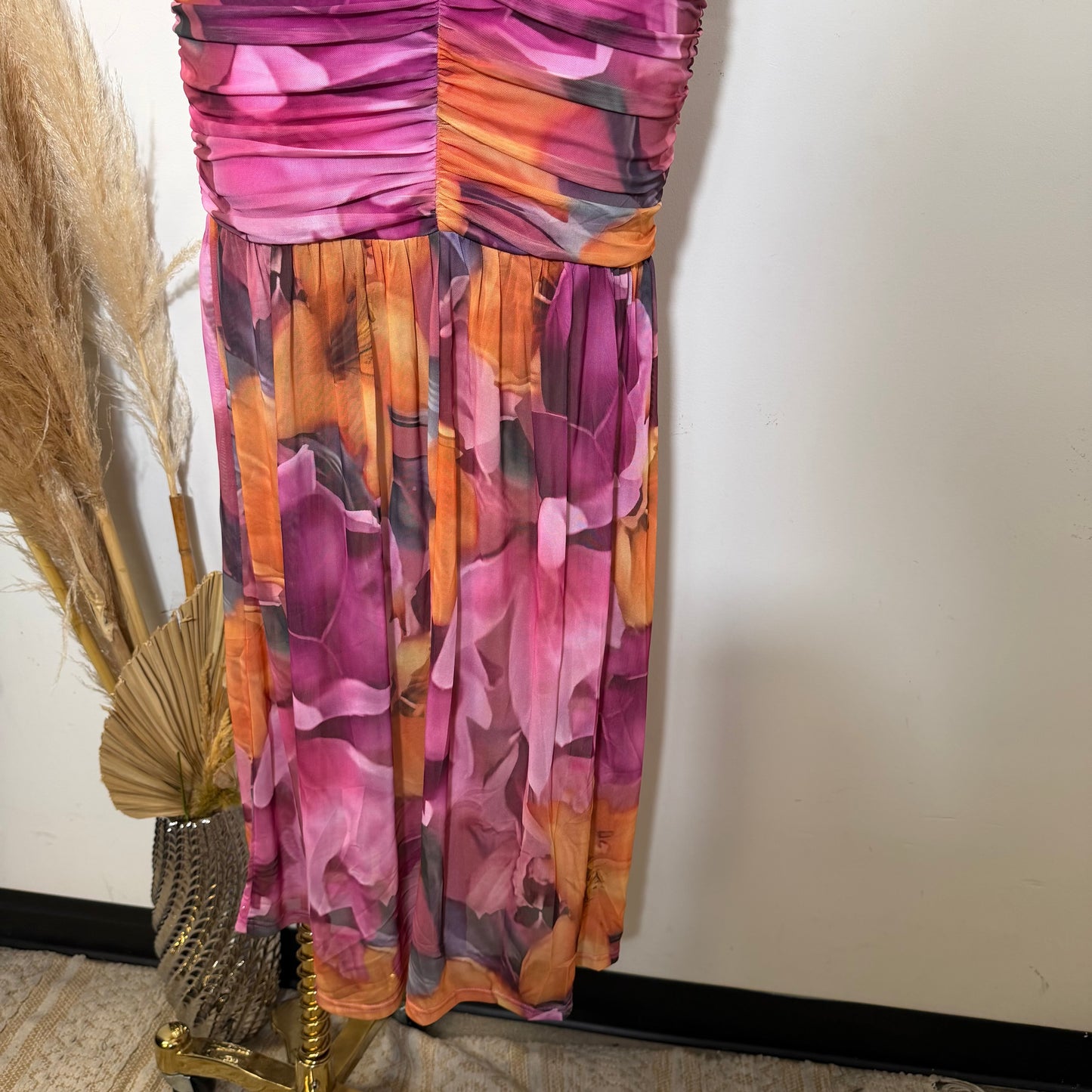 Floral Ruched Off Shoulder Maxi Dress with high slit-Mauve/Pink