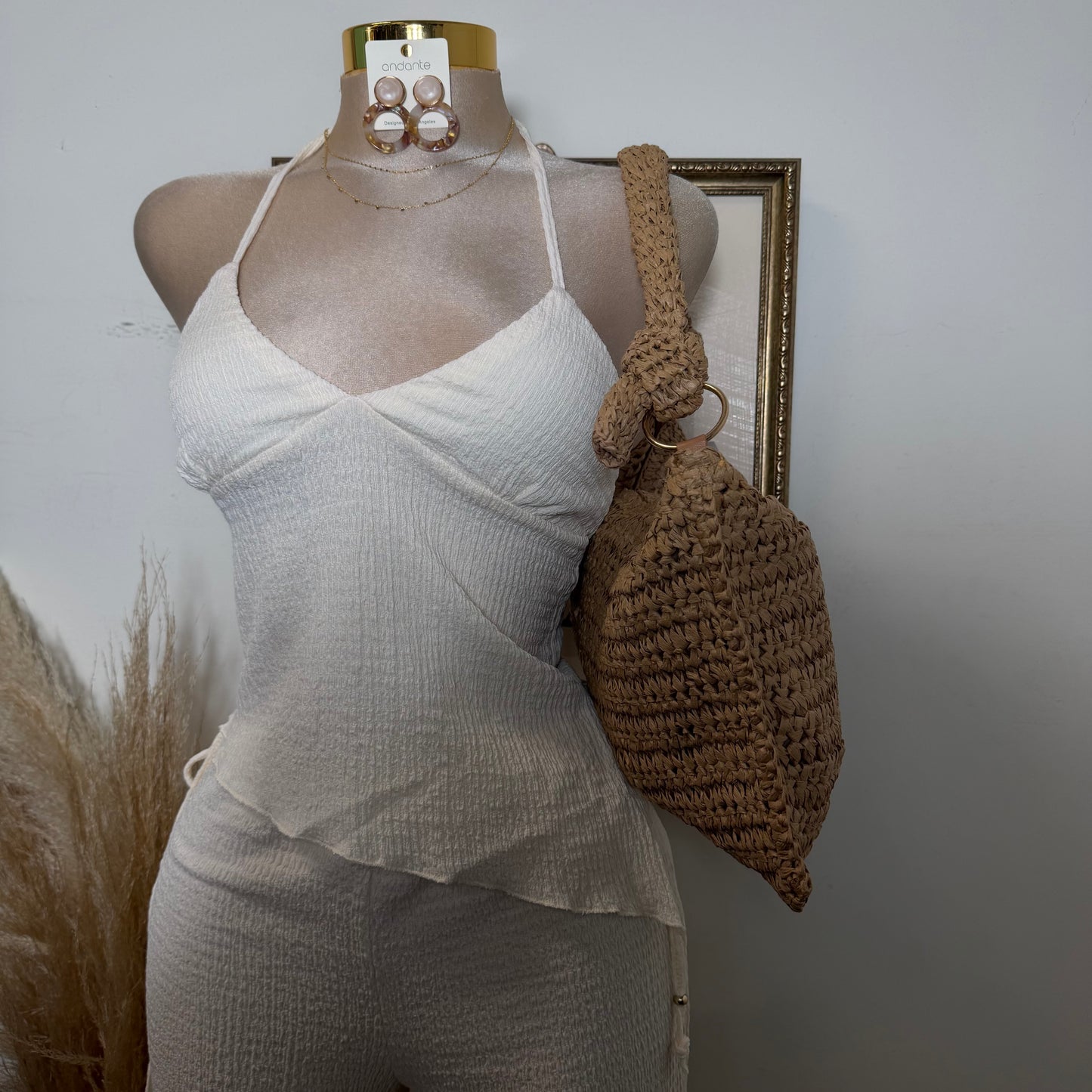 Asymmetrical hem Halter Top Wide leg Set-Ivory