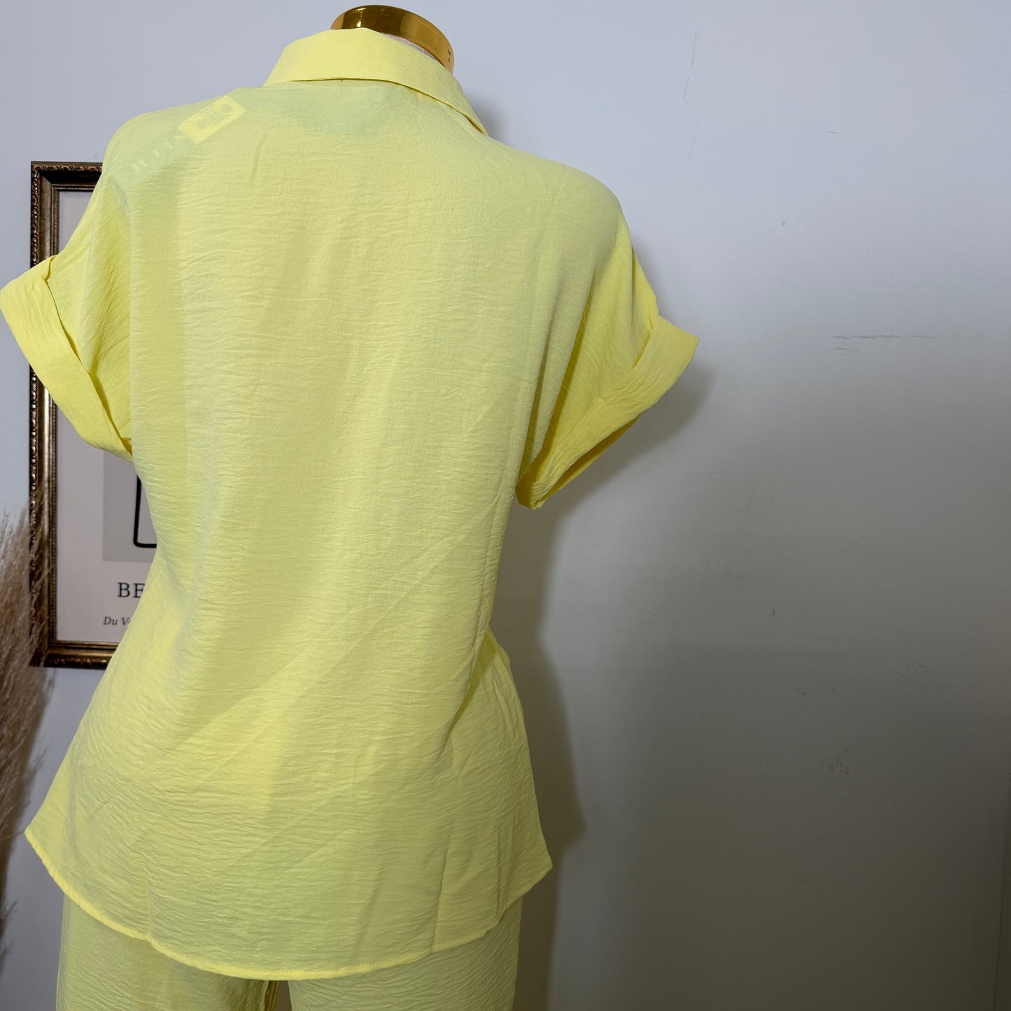 Front Knot Tie Button Down Top and Pants Set-Lt Yellow