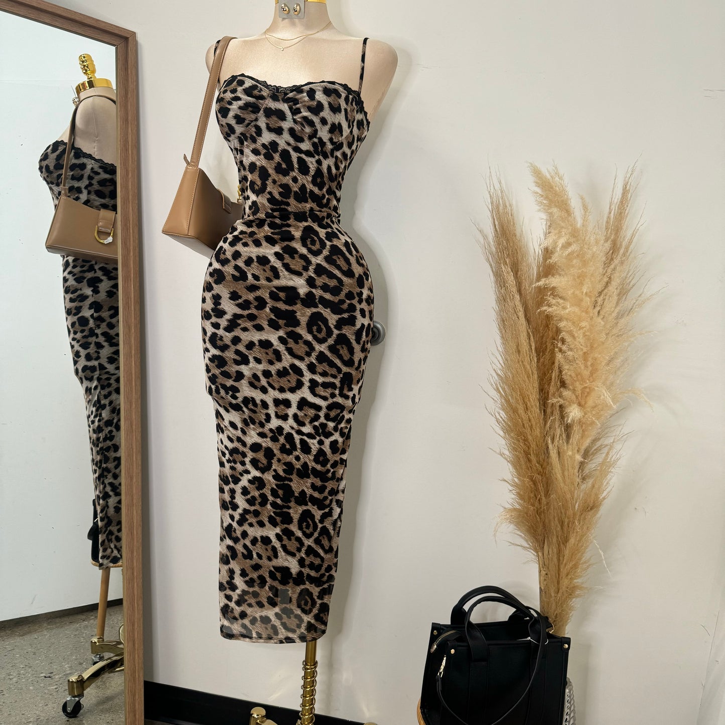 Mesh  Animal Printed Maxi Dress-Brown/Black
