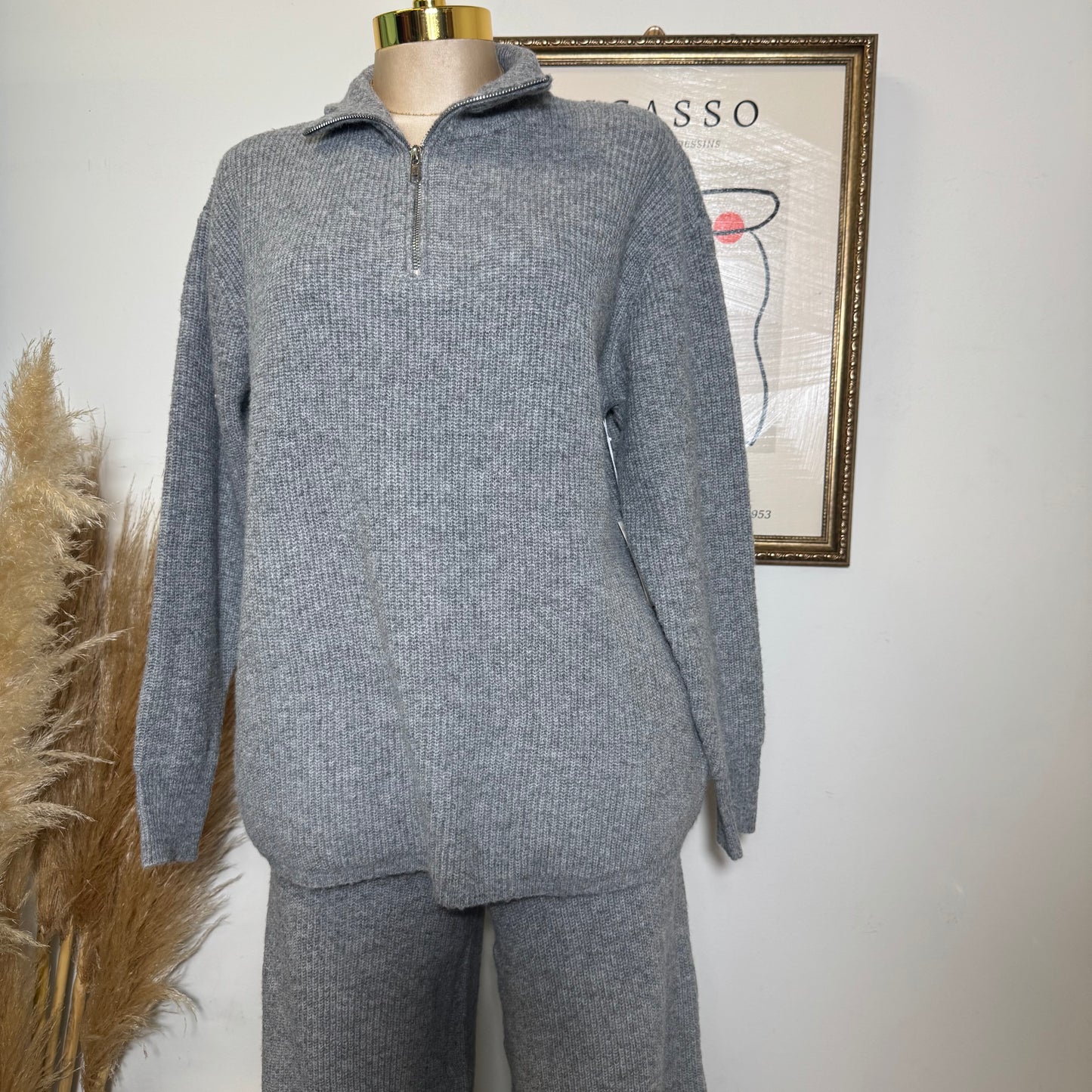 Quarter zip sweater and Pants Set-Heather Gray