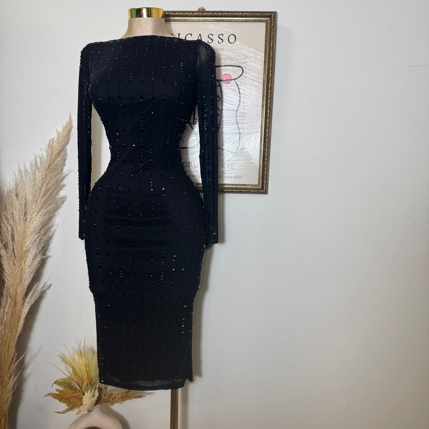 Square Rhinestone On Mesh Midi Dress-Black