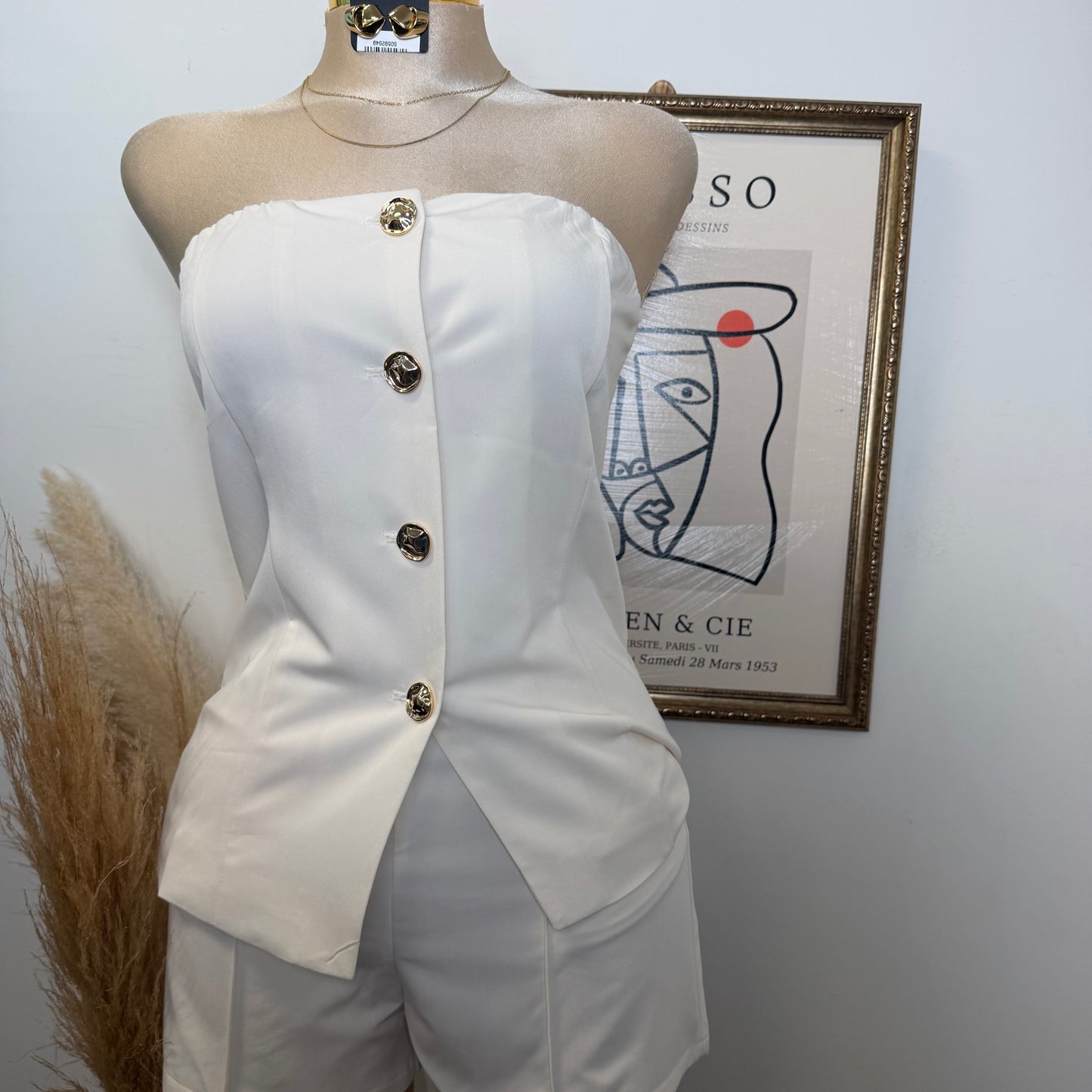 Strapless Gold Button Top Short Set-Ivory