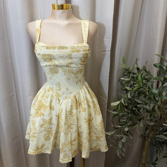 Floral Pleated Bust fit and Flare Mini Dress-Yellow