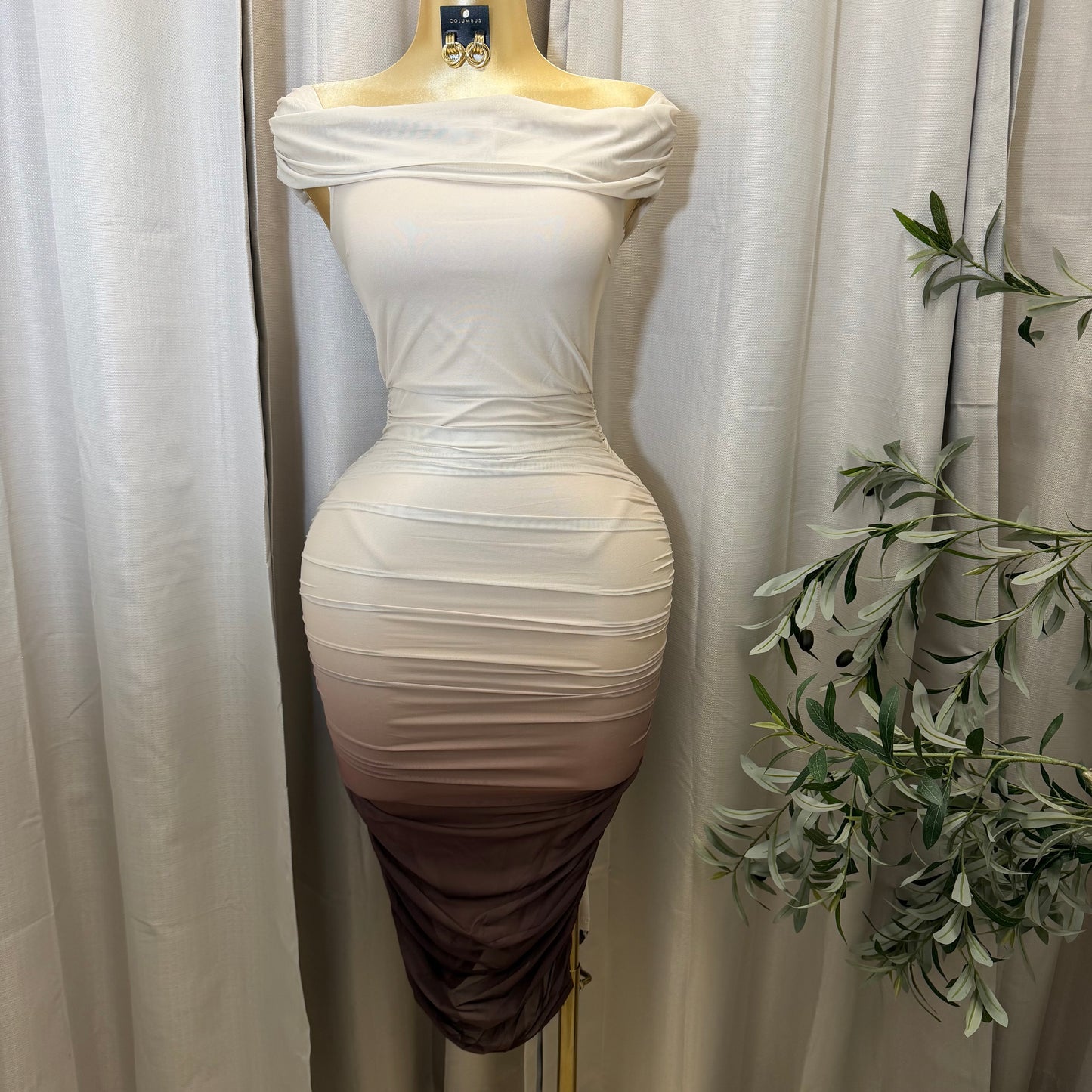 Ombre Off the Shoulder Dress-Taupe/Brown