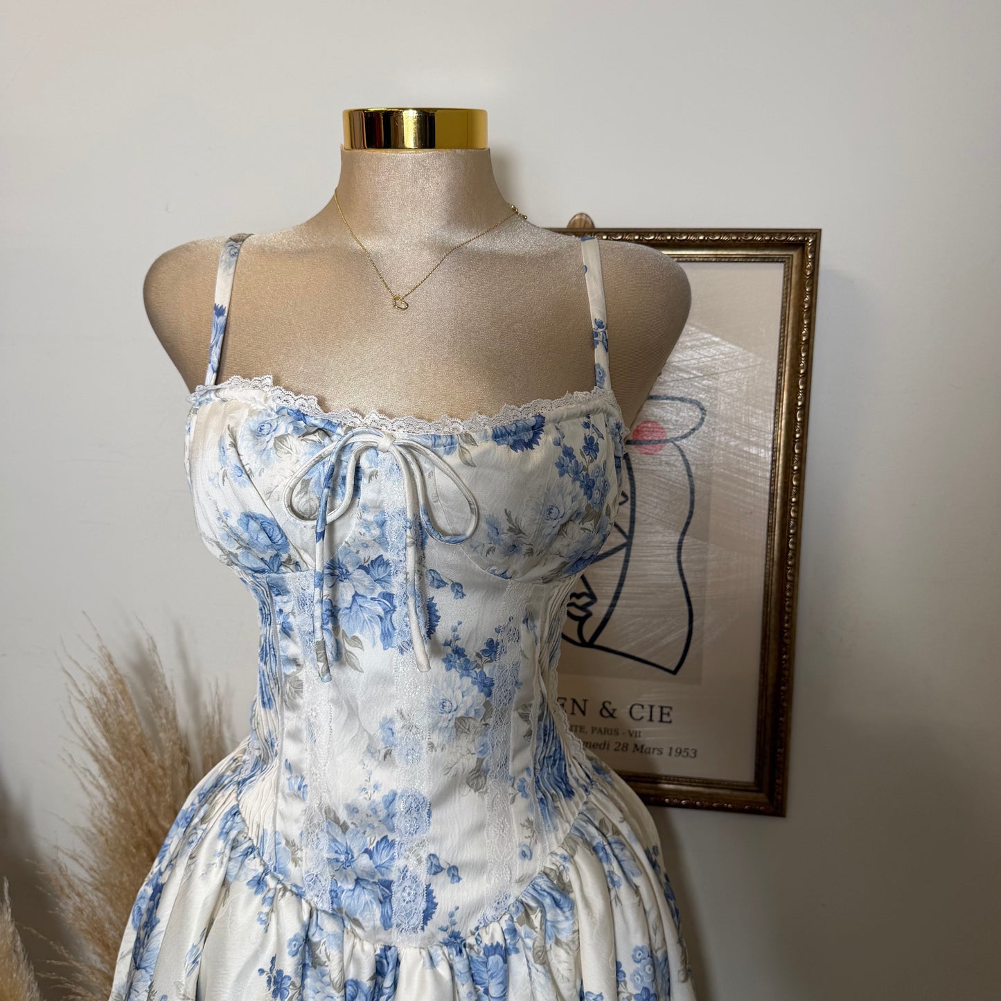 Corset Back Jacquard Mini Dress-Peach/Blue