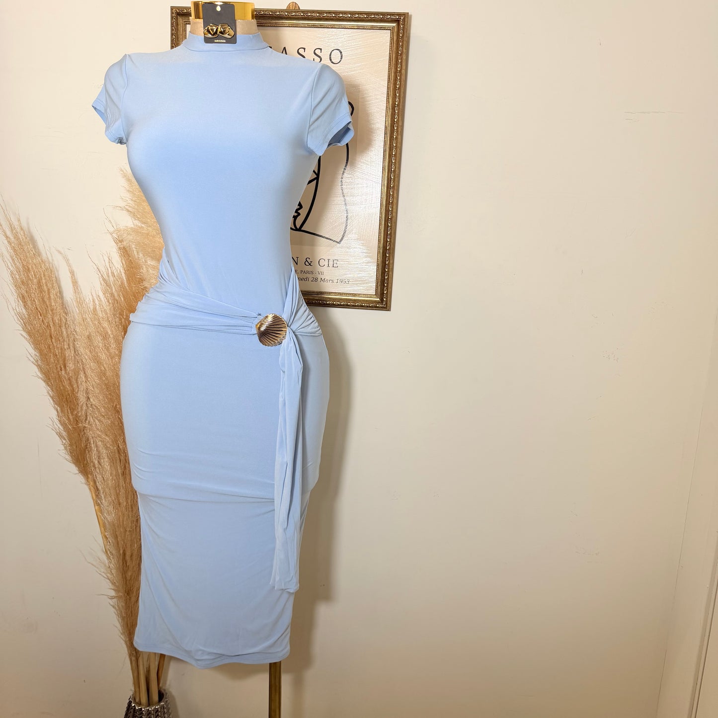 Shelf Gold Trim with Sash Detail Midi Dress-Blue