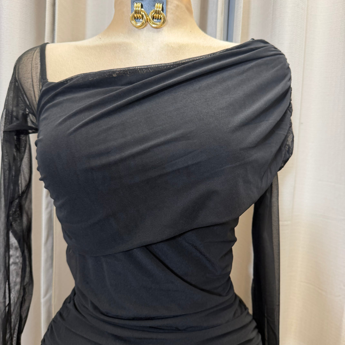 SHEERE MESH ASSYMMETRIC SHOULDER BODYCON MINI DRESS-Black