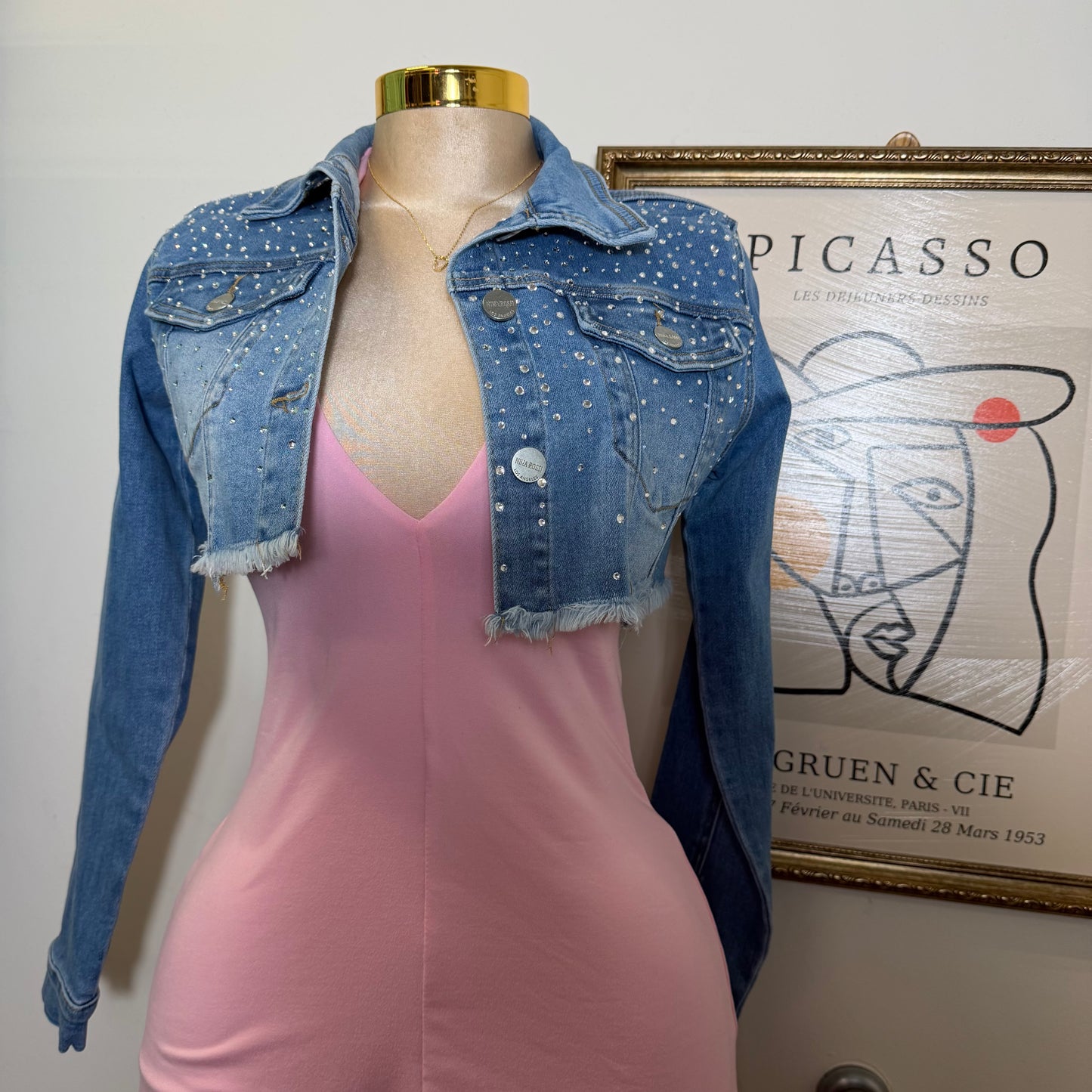 Cropped Denim Rhinestone-Blue