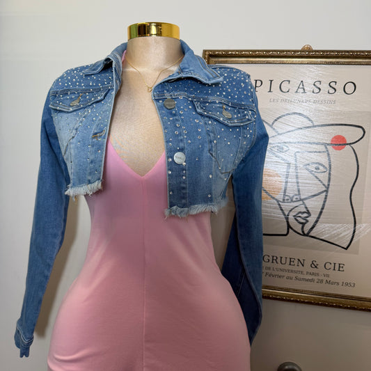 Cropped Denim Rhinestone-Blue