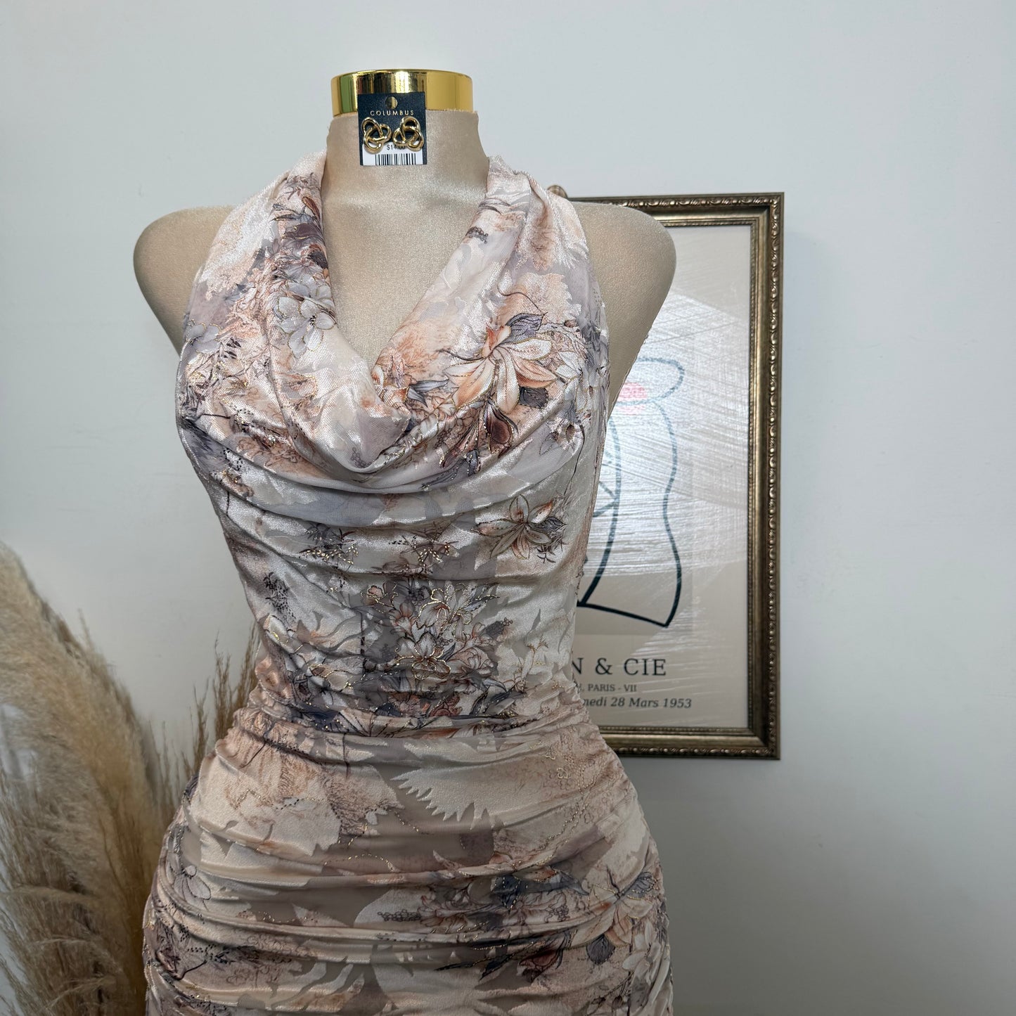 Metallic Printed Mesh halter Ruched Midi Dress-Taupe multi