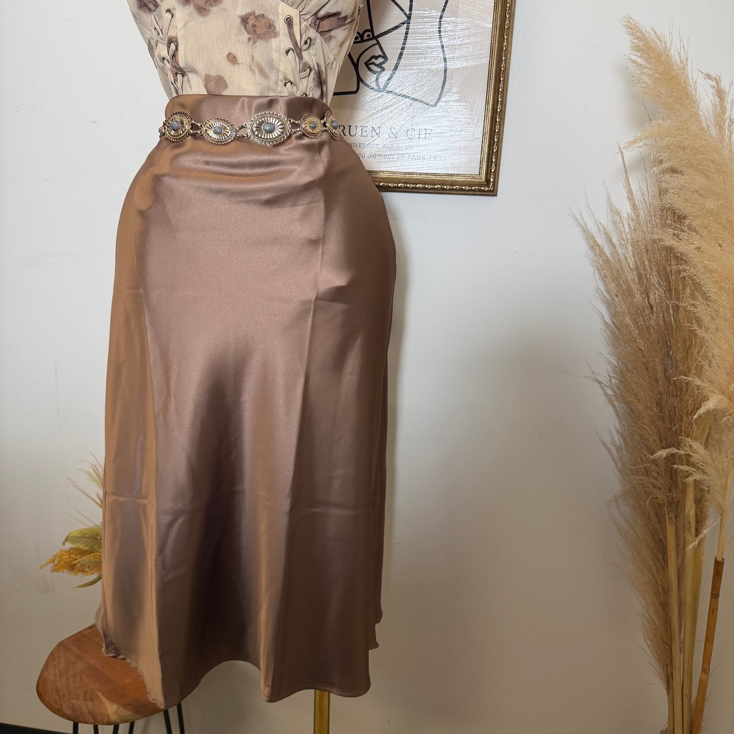 Satin Midi Skirt-Champagne
