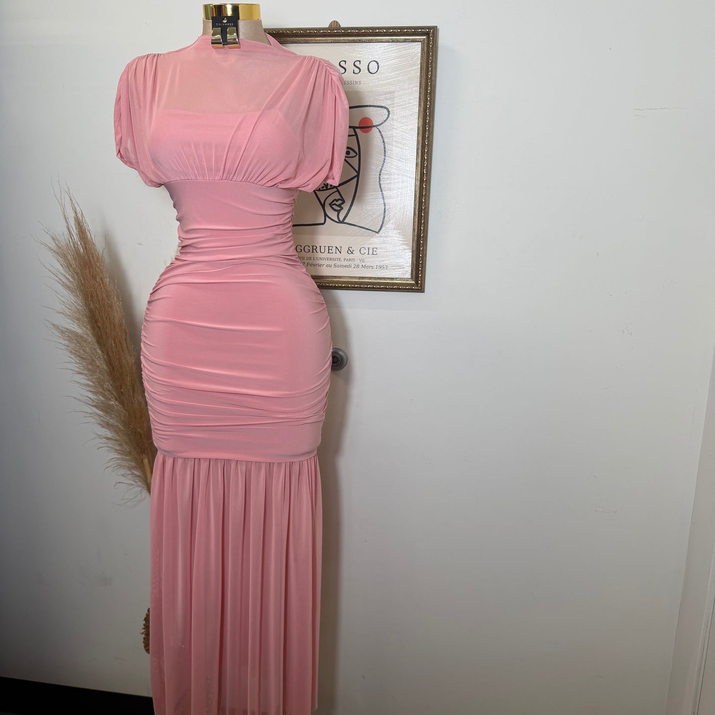 Mesh & Knit Mix Long Dress-Pink