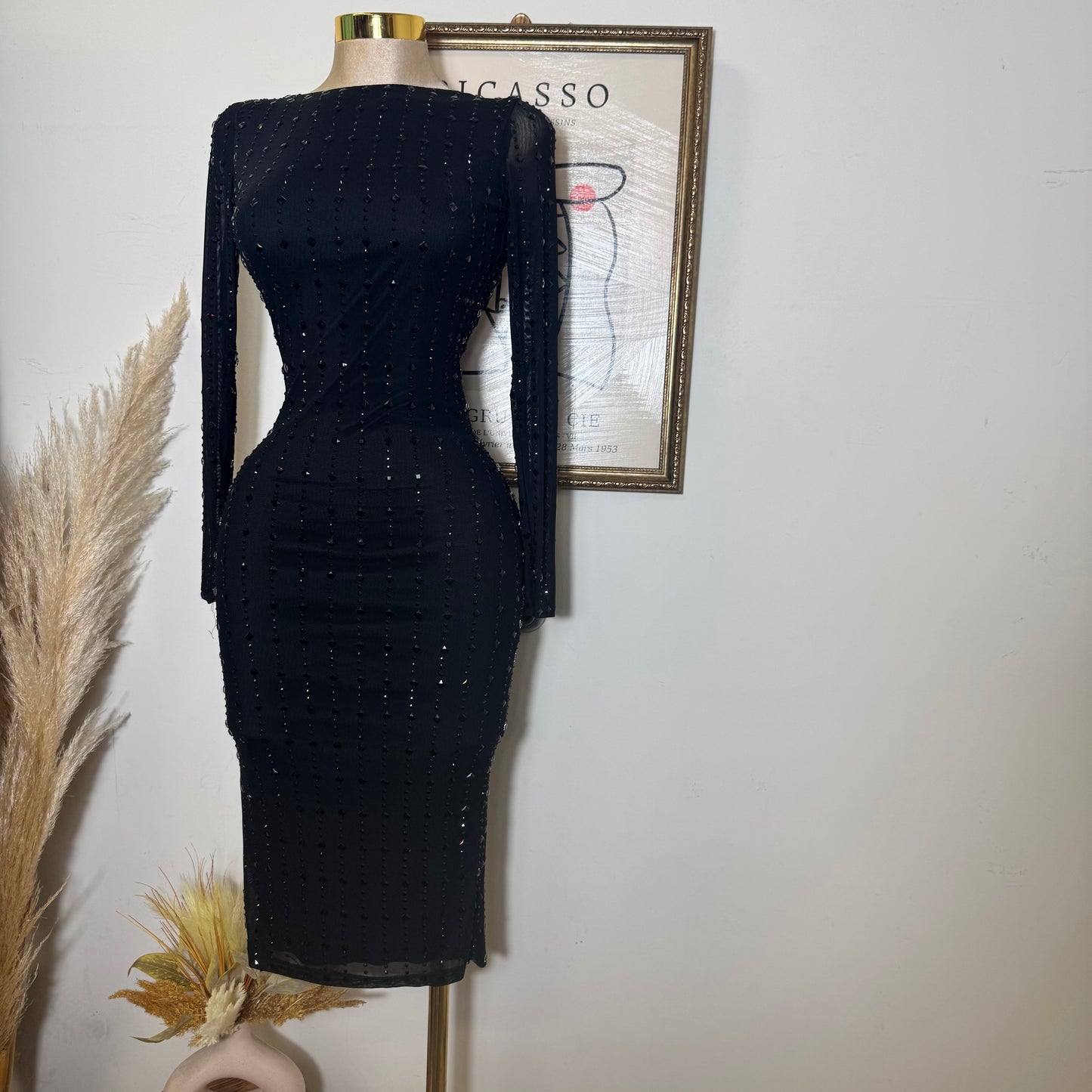Square Rhinestone On Mesh Midi Dress-Black