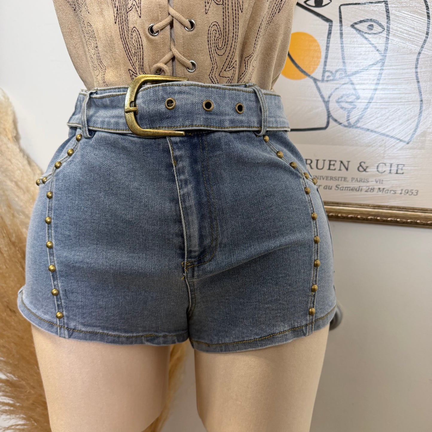 Stretch Denim Shorts with belt included-Denim