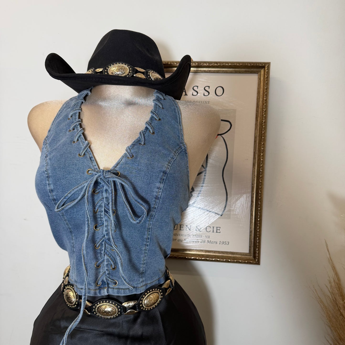 Halter Denim Lace Up Vest-Denim