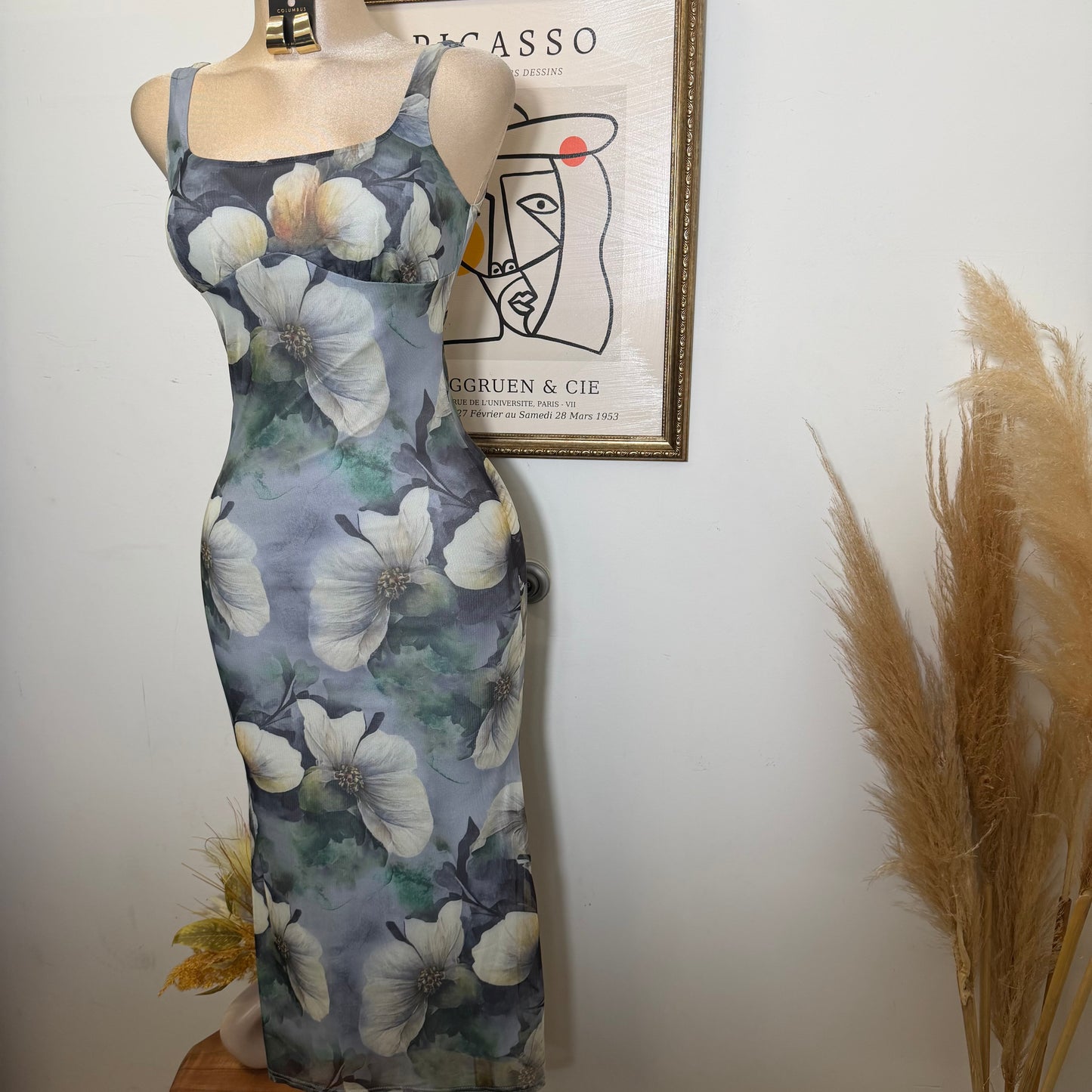 Mesh Print Midi Dress Flower Dress-Green
