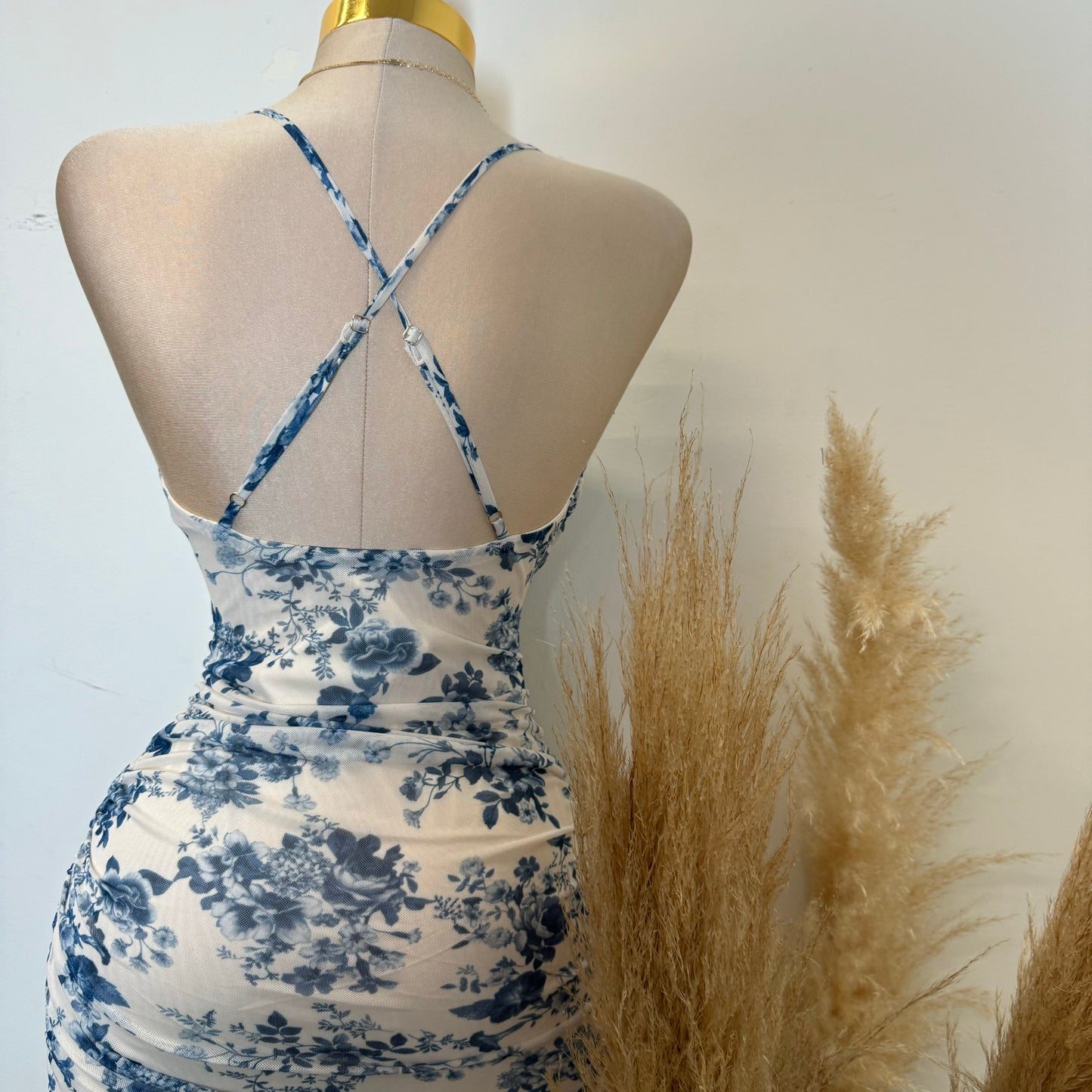 Floral Pleated Neckline Ruched Mini Dress-Blue/White