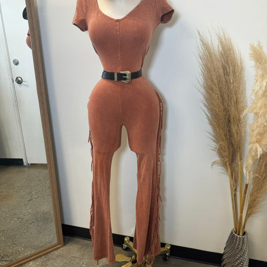 Fringe Jumpsuit-Rust