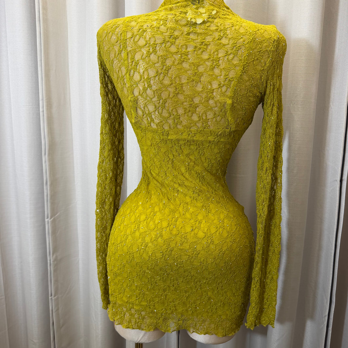 Long Sleeve Rhinestone Lace Dress-Olive Moss