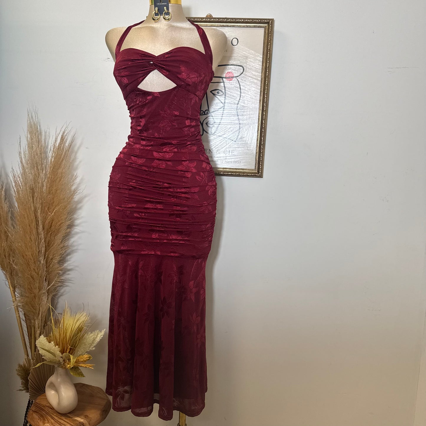 Trim accent Midi Dress-Wine