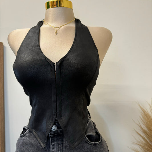 Suede Halter Crop Top Leather- Black