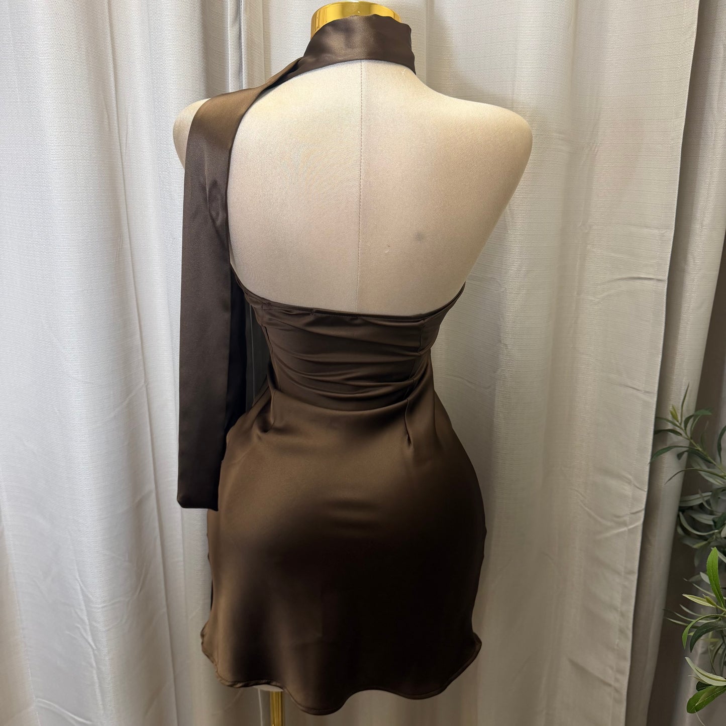 Satin strapless Mini Dress-Brown
