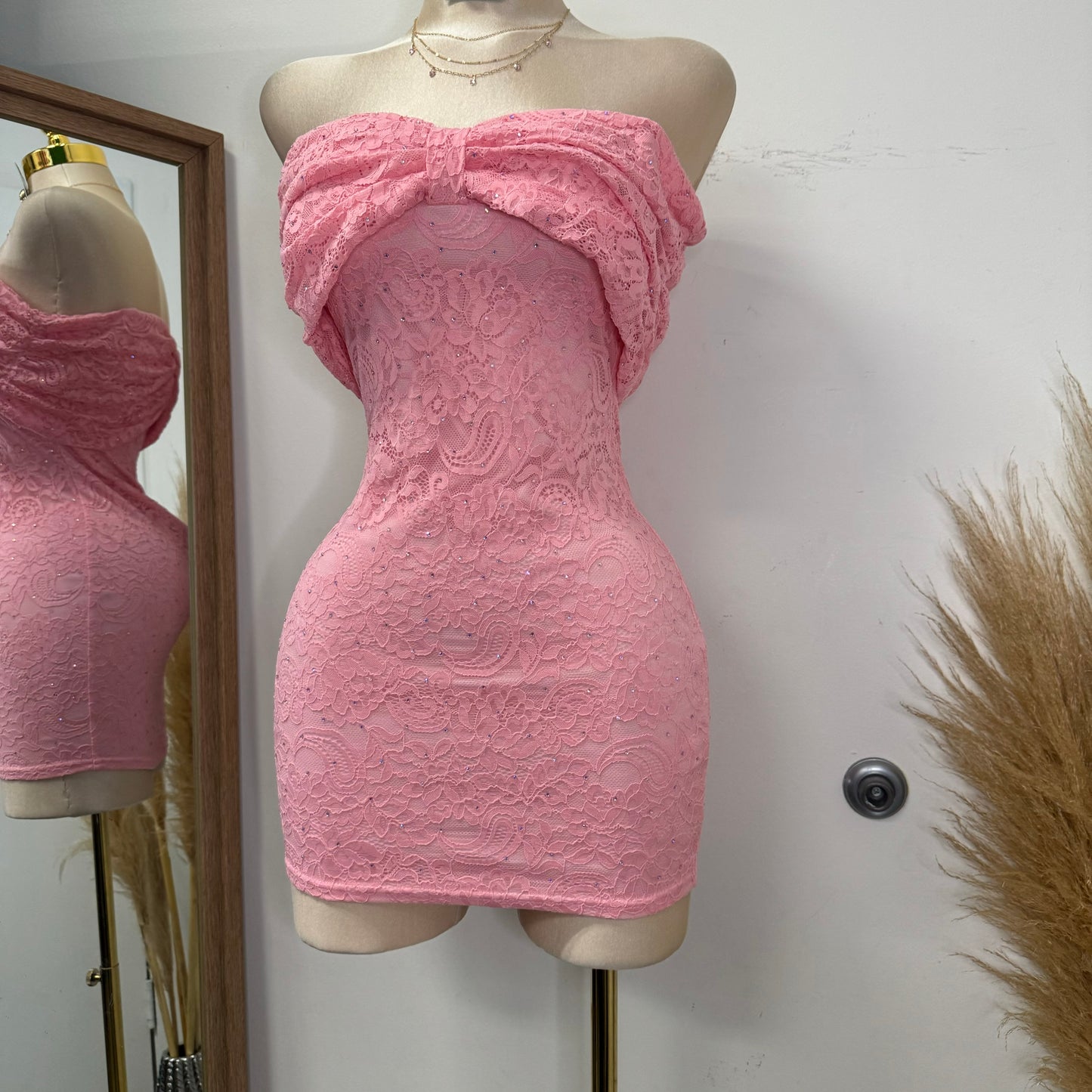 Bow Lace Rhinestone Dress-Pink
