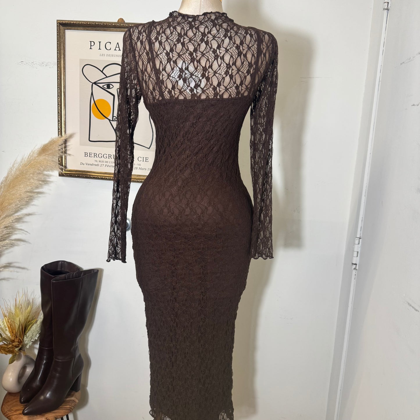 Rosie Lace Midi Dress-Brown
