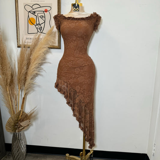 Off Shoulder Short Sleeve Lace Dress-Brown