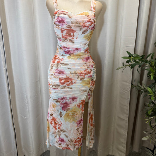 Mesh Flower Print Midi Dress-Pink/Cream/Multi