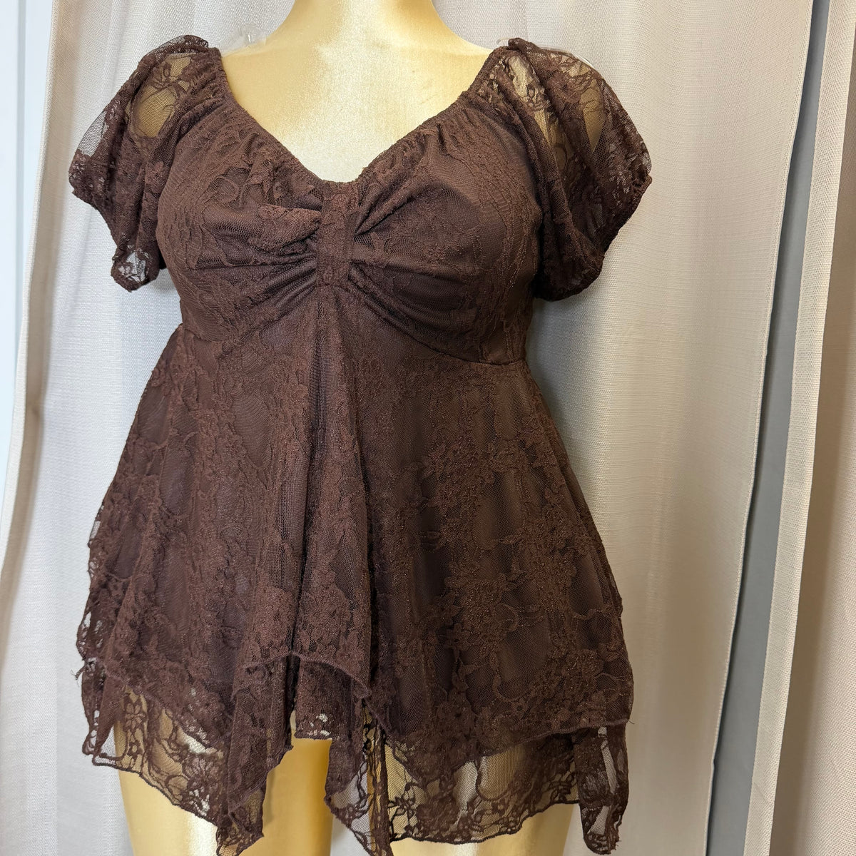 PL-Lace Short Sleeve Top-Brown