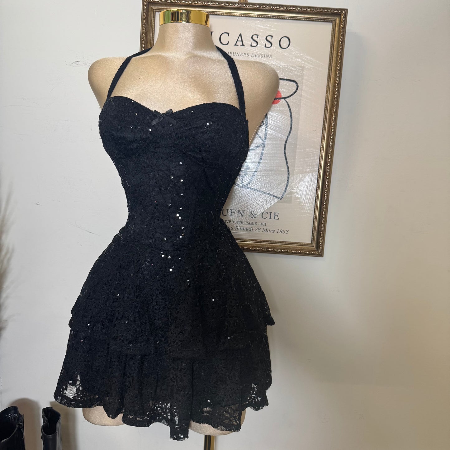 Sequined Halter Mini Dress with Tiered Skirt-Black