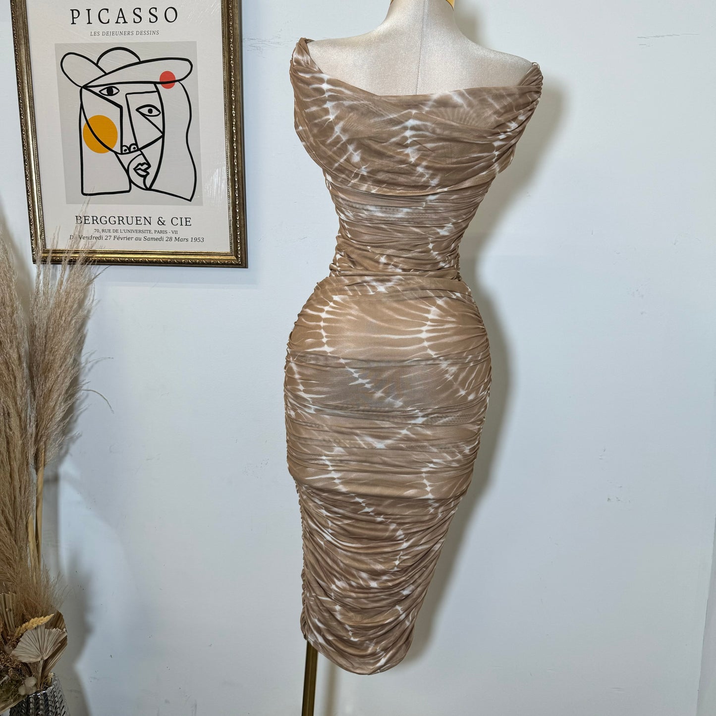 Off Shoulder Mesh Dress-Brown