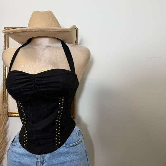 Suede Studded Halter Top-Black