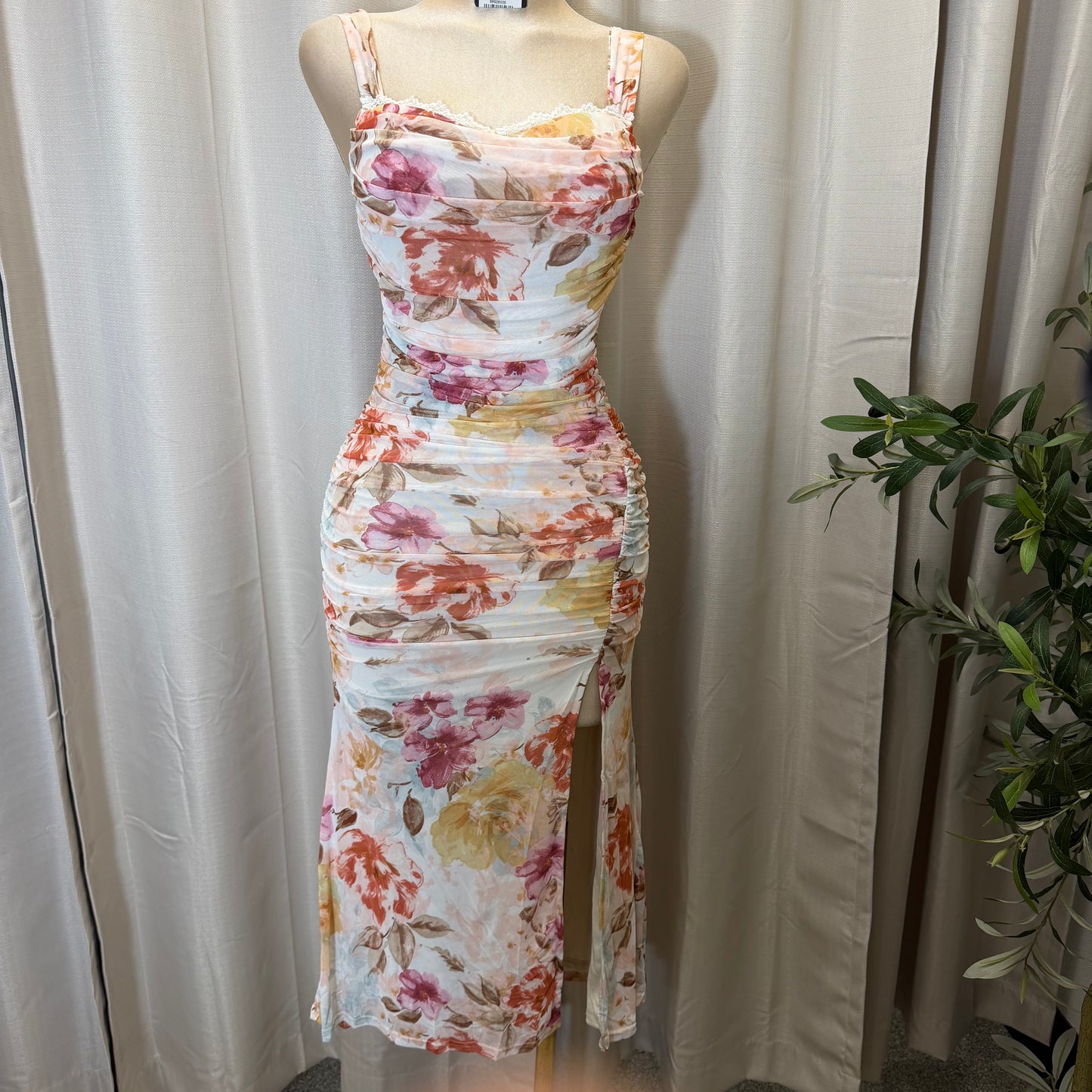 Mesh Flower Print Midi Dress-Pink/Cream/Multi