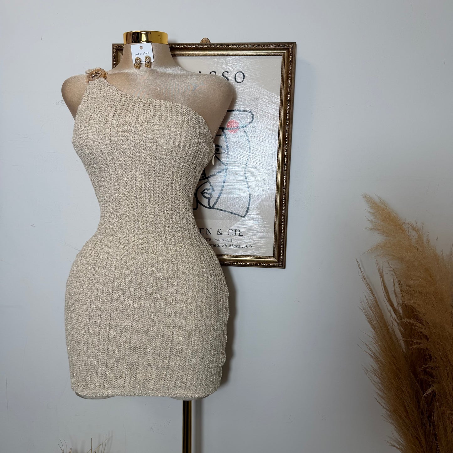 One shoulder Metallic Crochet Knit Mini Dress-Natural