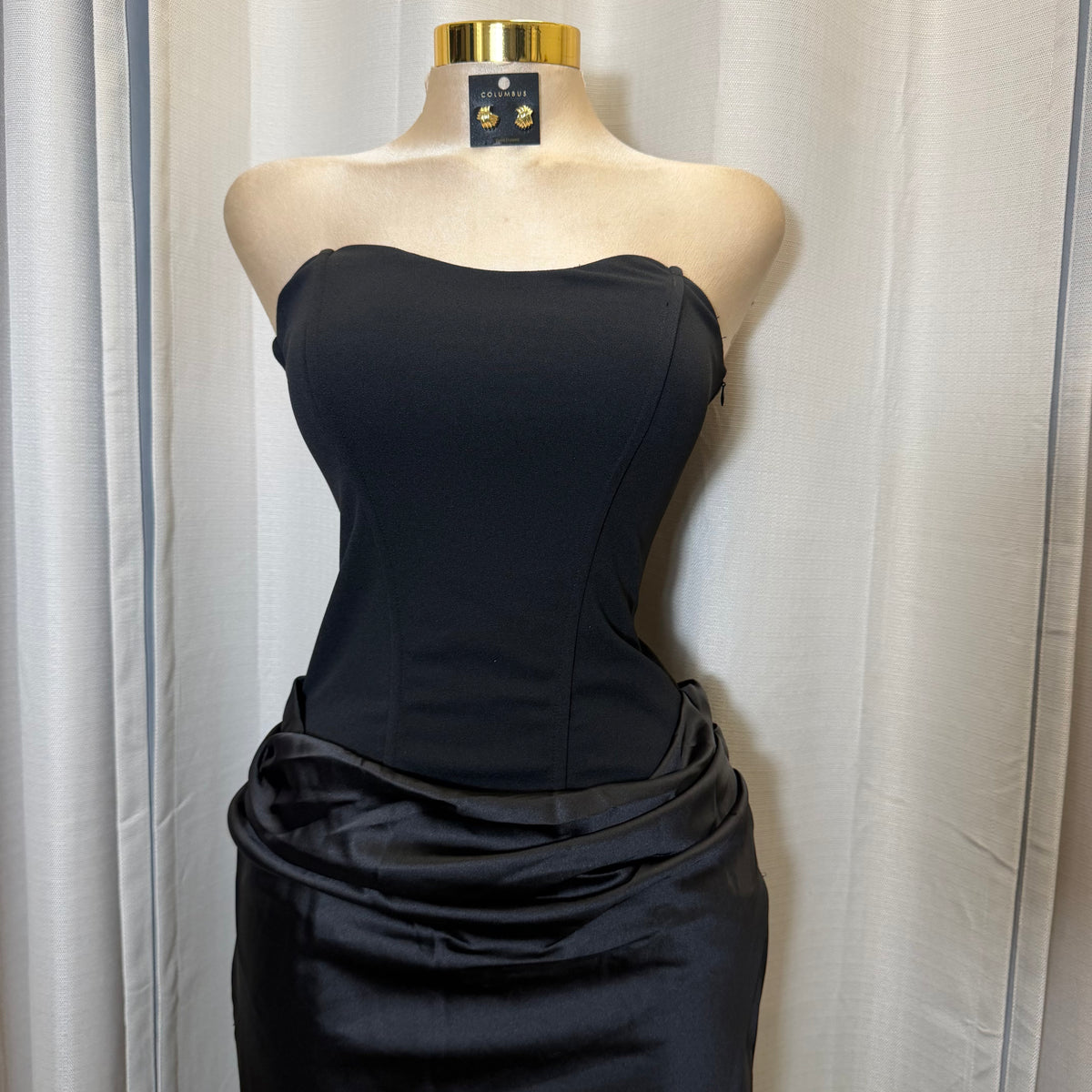 Satin Strapless Sweetheart Neckline Cowl Hip lace Maxi Dress-Black