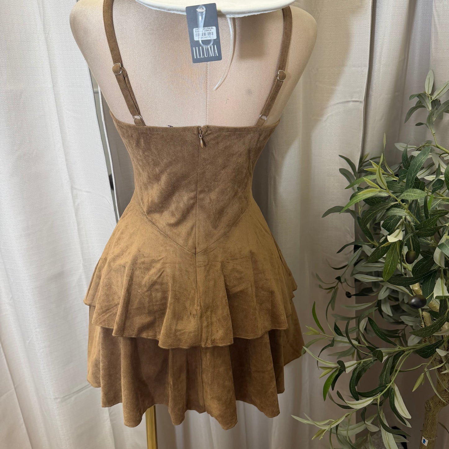 Studded Lace Up Tiered Mini Dress-Brown