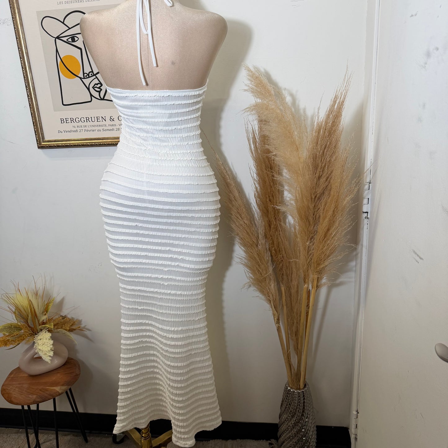Texture Fabric Turban Shell Metal Trim Halter Maxi Dress-Ivory